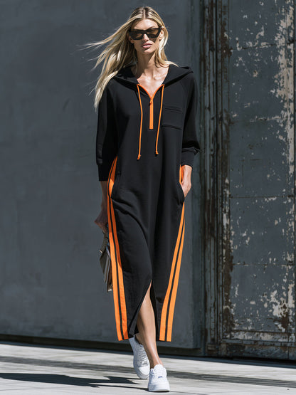 Retro Casual Color-blocked Striped Black Hooded Cotton Midi Dress