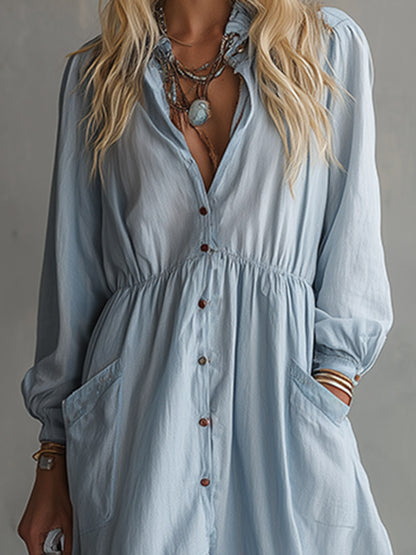 Elegant Casual Striped-Trim Light Blue Cotton-Linen Maxi Dress