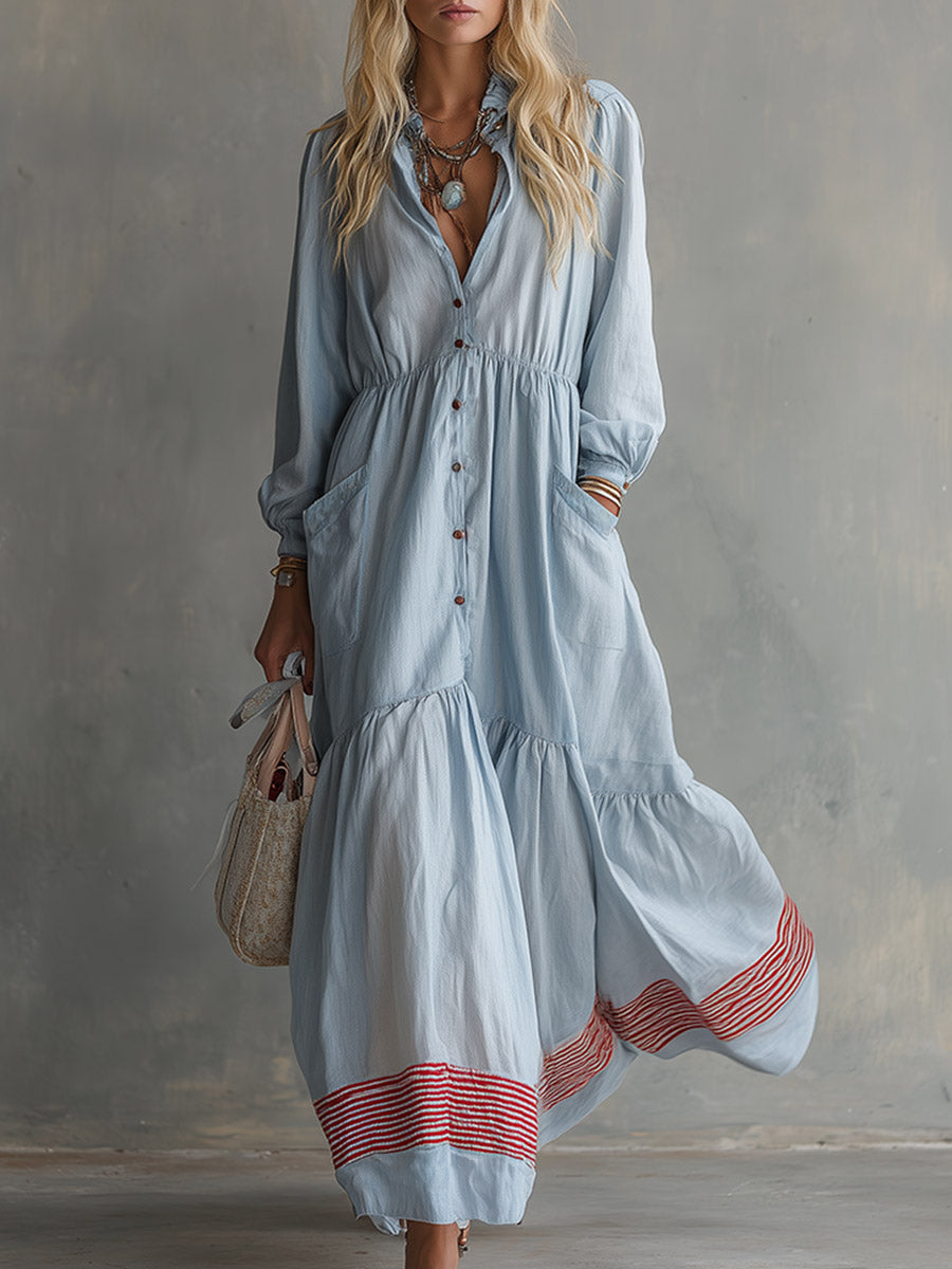 Elegant Casual Striped-Trim Light Blue Cotton-Linen Maxi Dress
