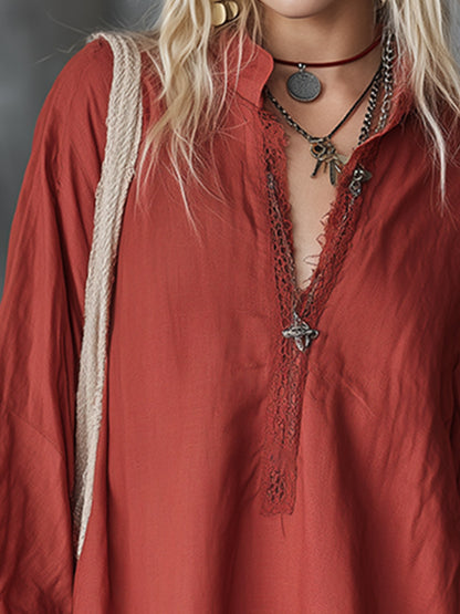 Vintage Loose-Fit Lace-Trimmed Red Cotton-Linen Long-Sleeve Mini Dress