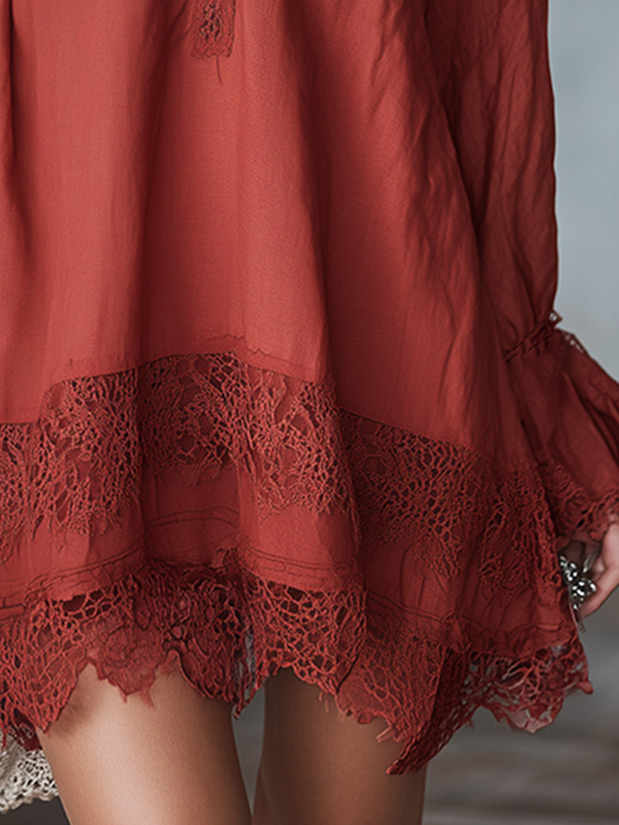 Vintage Loose-Fit Lace-Trimmed Red Cotton-Linen Long-Sleeve Mini Dress