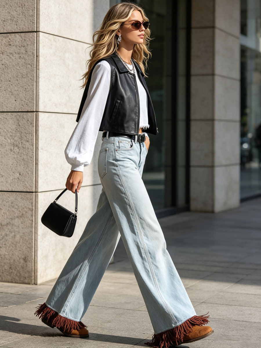 Western Retro Fringed Light Blue Jeans