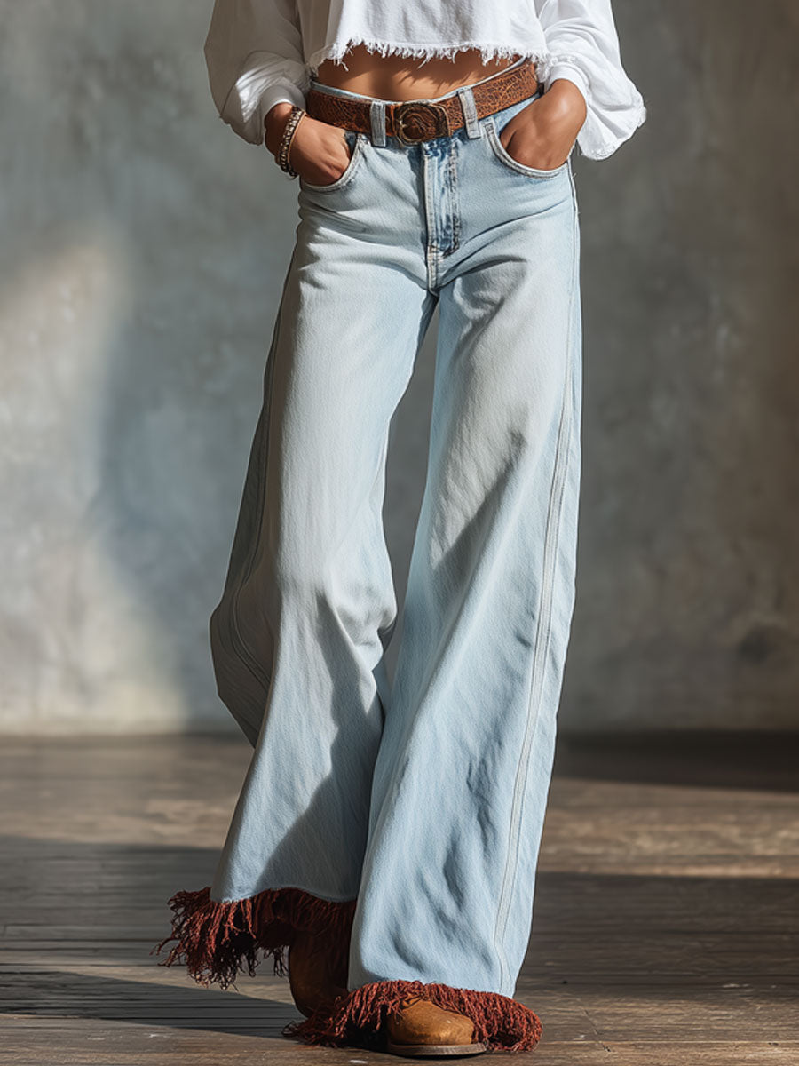 Western Retro Fringed Light Blue Jeans