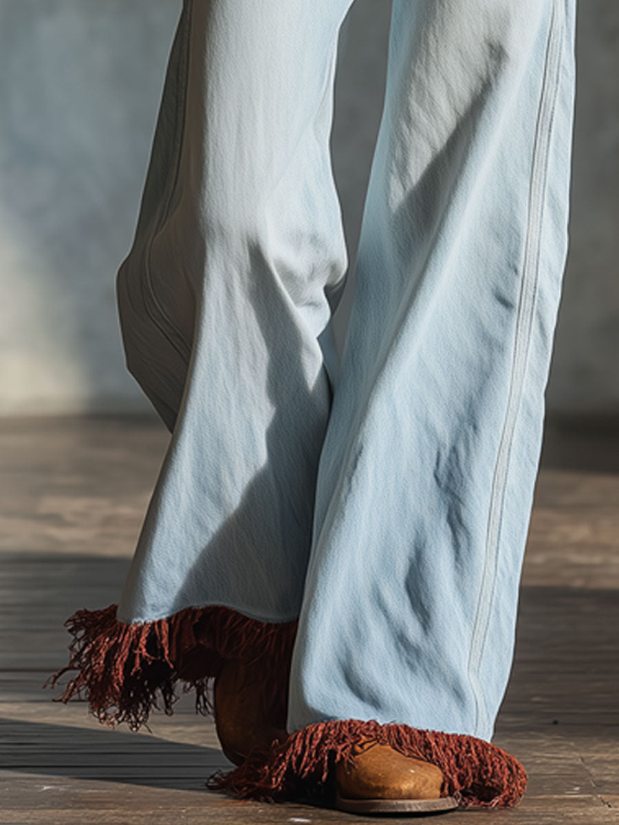 Western Retro Fringed Light Blue Jeans