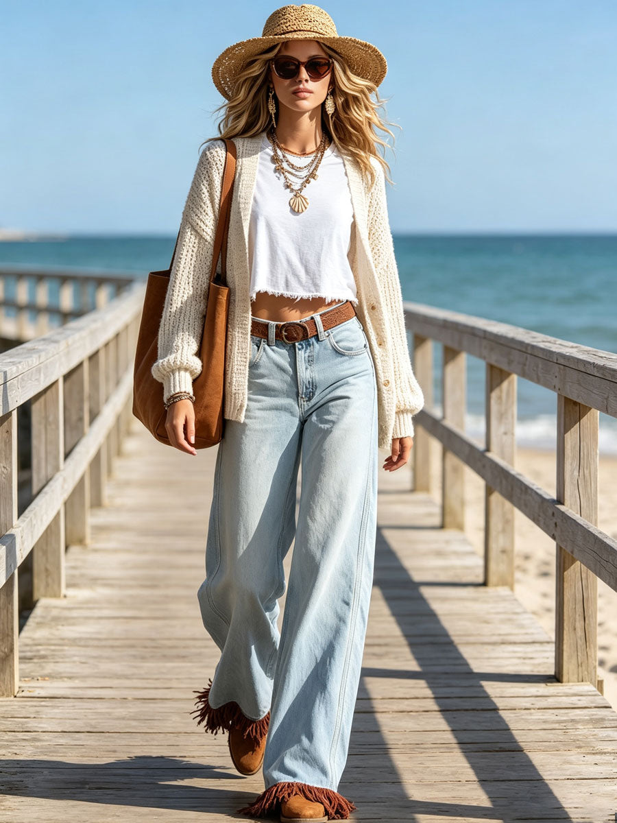 Western Retro Fringed Light Blue Jeans