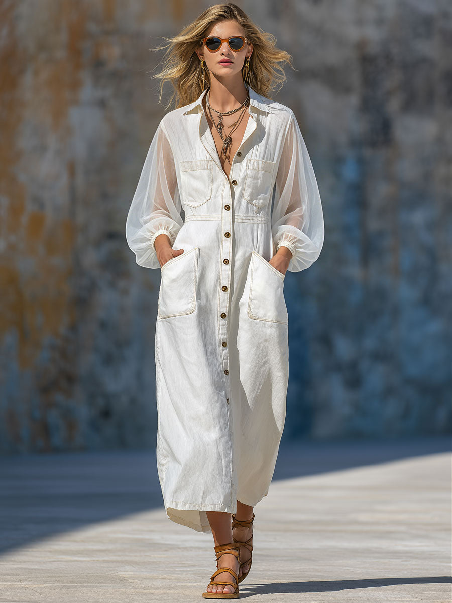 Casual Retro Chiffon Long-sleeved White Cotton Midi Dress
