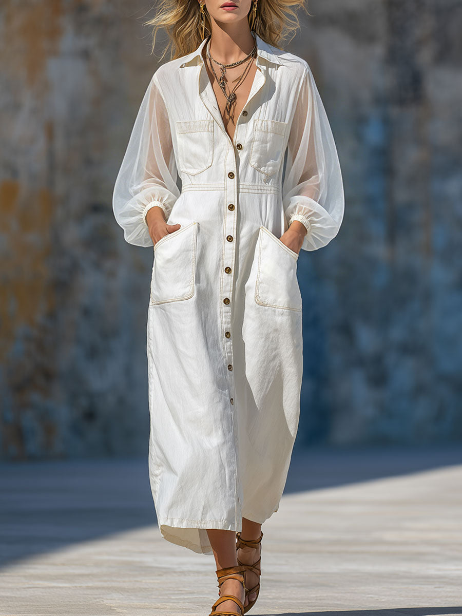 Casual Retro Chiffon Long-sleeved White Cotton Midi Dress