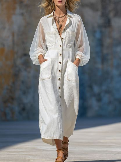 Casual Retro Chiffon Long-sleeved White Cotton Midi Dress