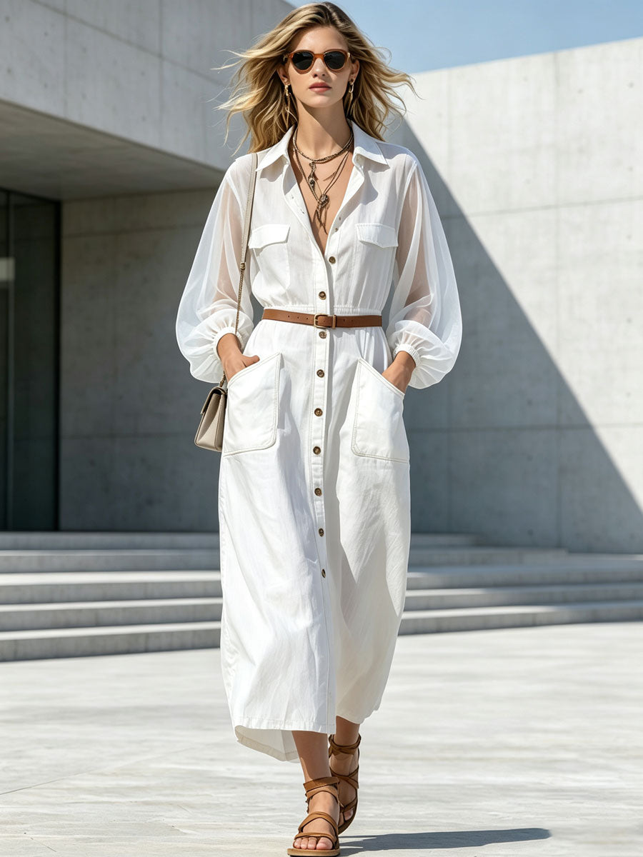 Casual Retro Chiffon Long-sleeved White Cotton Midi Dress