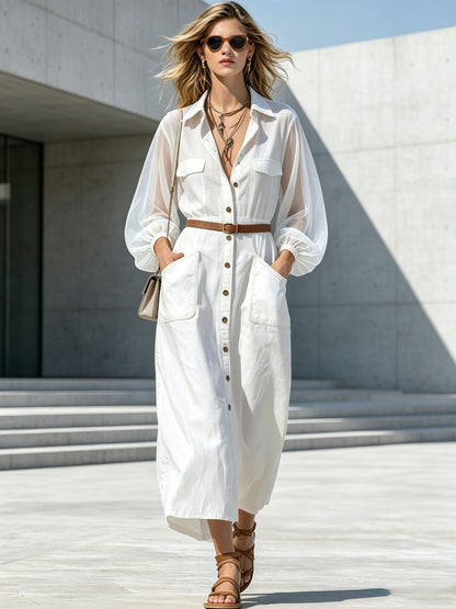 Casual Retro Chiffon Long-sleeved White Cotton Midi Dress