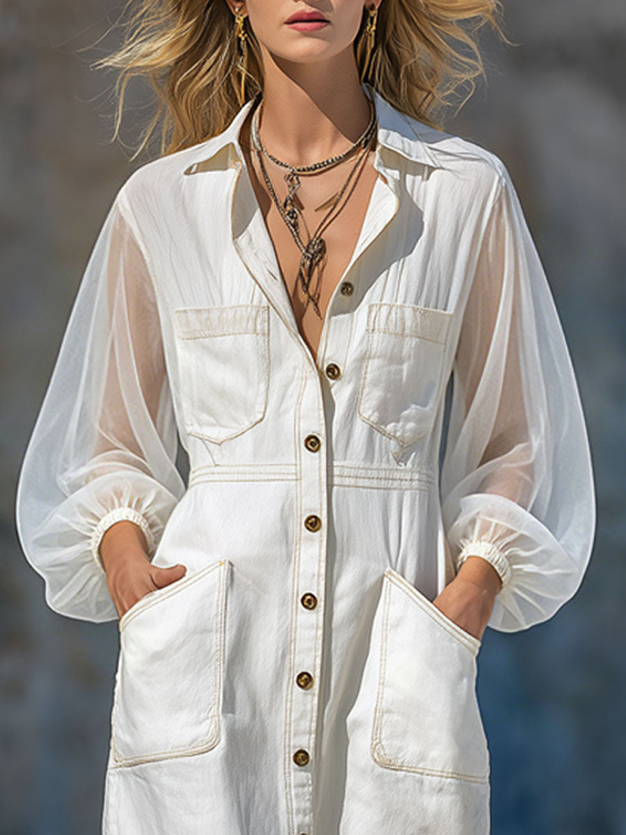 Casual Retro Chiffon Long-sleeved White Cotton Midi Dress