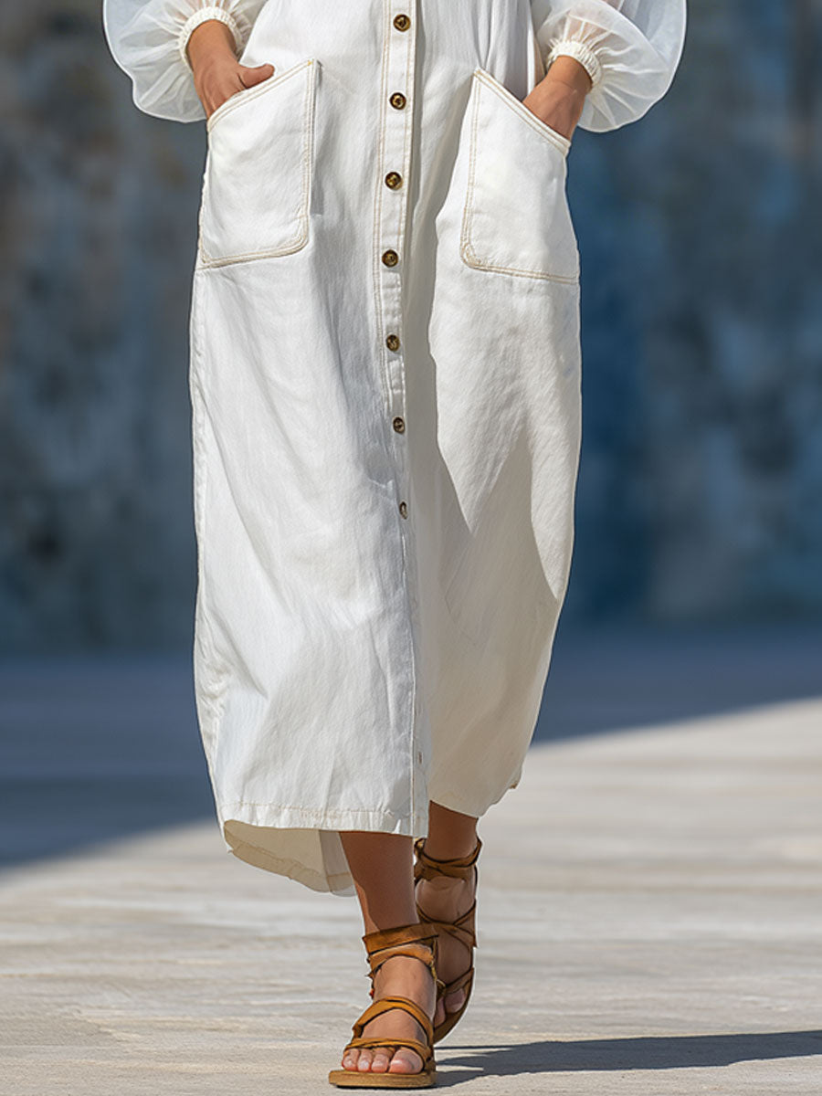Casual Retro Chiffon Long-sleeved White Cotton Midi Dress