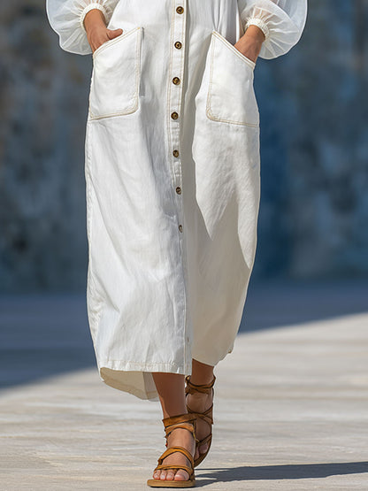 Casual Retro Chiffon Long-sleeved White Cotton Midi Dress