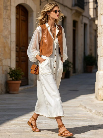 Casual Retro Chiffon Long-sleeved White Cotton Midi Dress