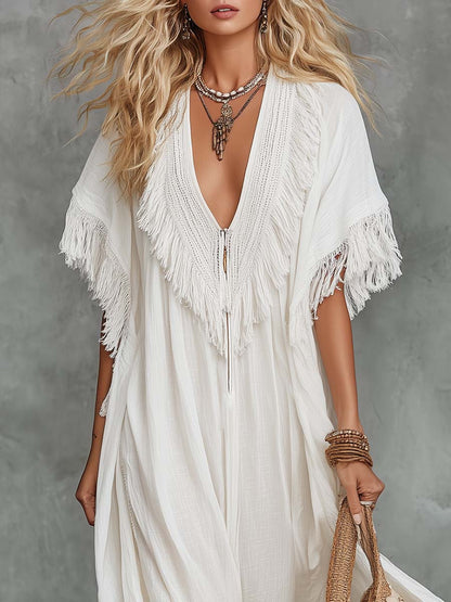 Flowy Boho V-neck With Front Zipper White Cotton-linen Tassel Maxi Dress