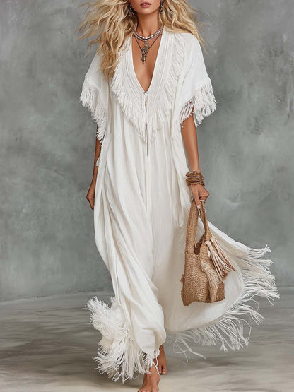 Flowy Boho V-neck With Front Zipper White Cotton-linen Tassel Maxi Dress