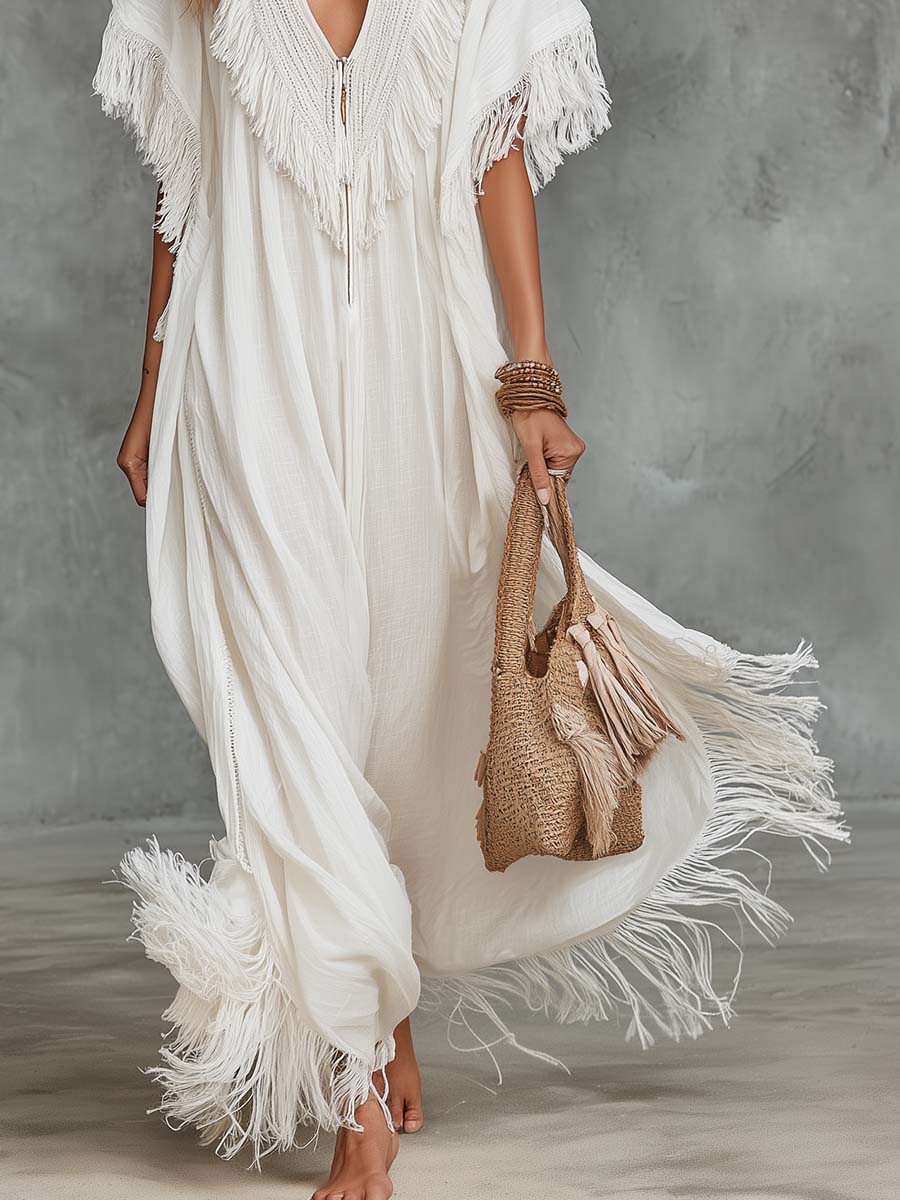 Flowy Boho V-neck With Front Zipper White Cotton-linen Tassel Maxi Dress