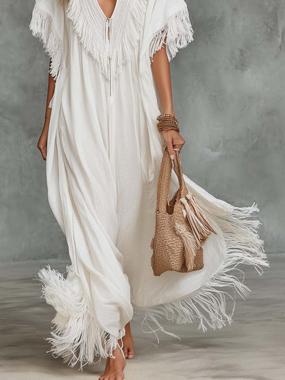 Flowy Boho V-neck With Front Zipper White Cotton-linen Tassel Maxi Dress