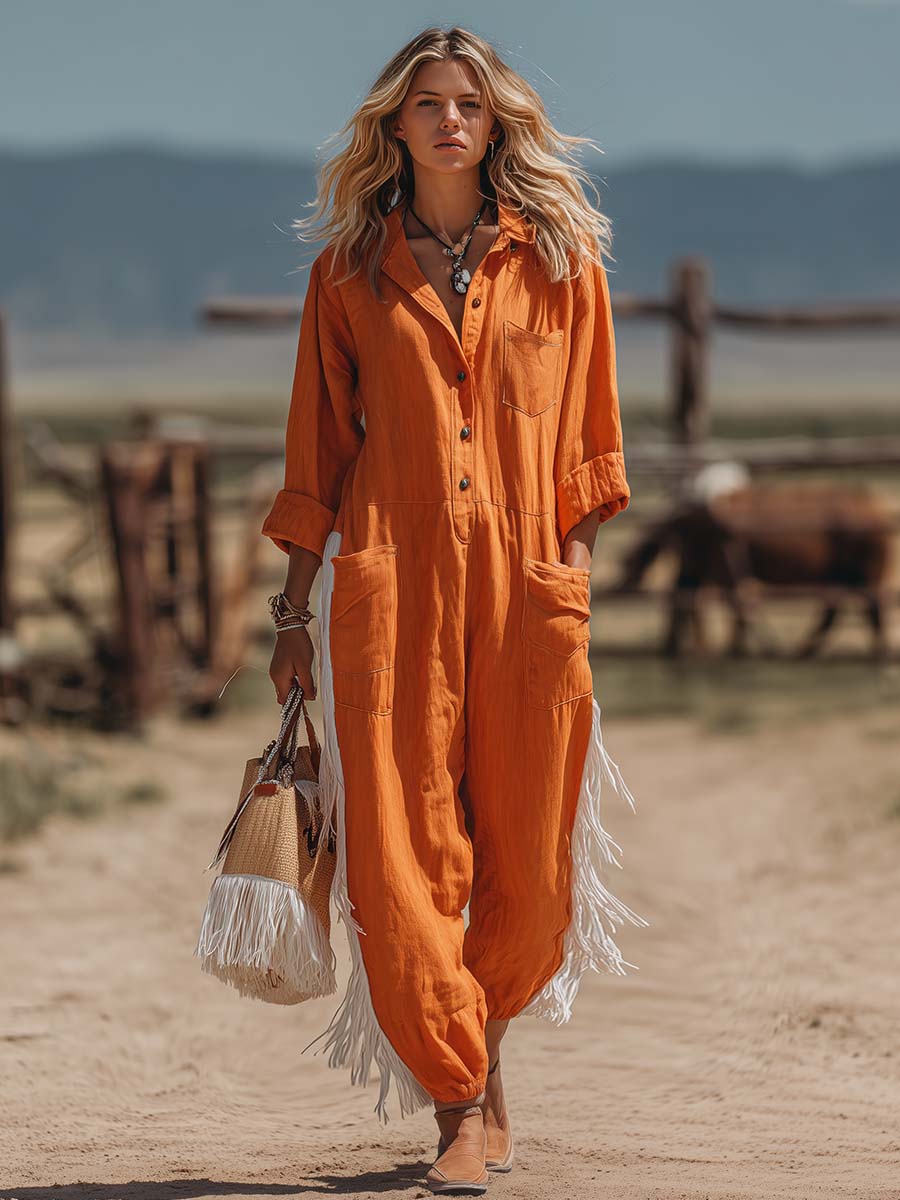 Western Workwear Style Rust-Orange Cotton-Linen Fringed Jumpsuit
