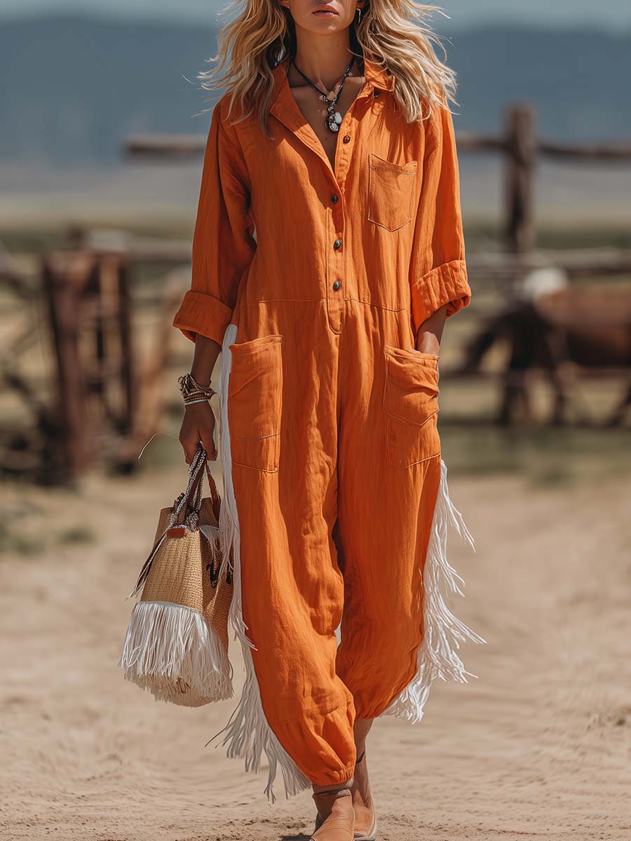 Western Workwear Style Rust-Orange Cotton-Linen Fringed Jumpsuit