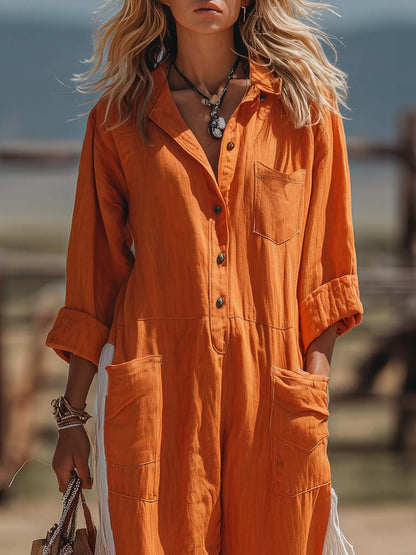 Western Workwear Style Rust-Orange Cotton-Linen Fringed Jumpsuit