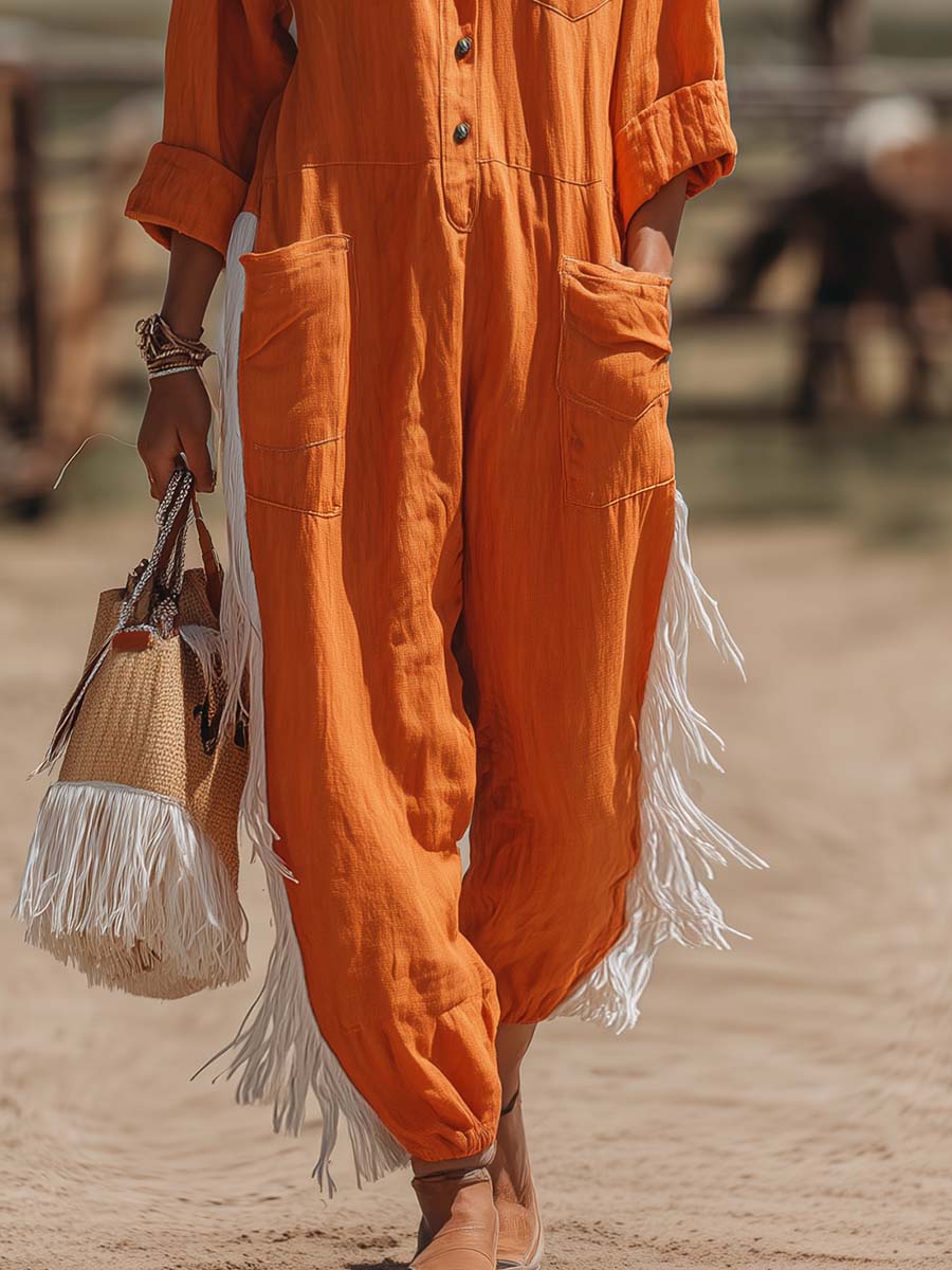 Western Workwear Style Rust-Orange Cotton-Linen Fringed Jumpsuit