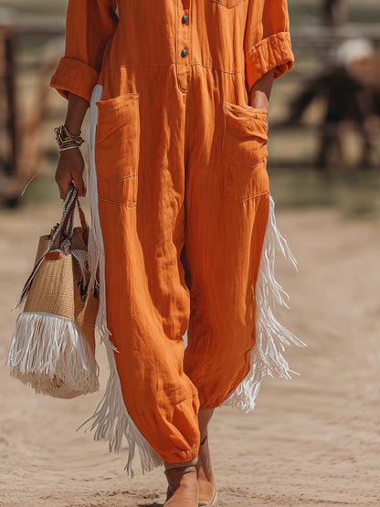 Western Workwear Style Rust-Orange Cotton-Linen Fringed Jumpsuit
