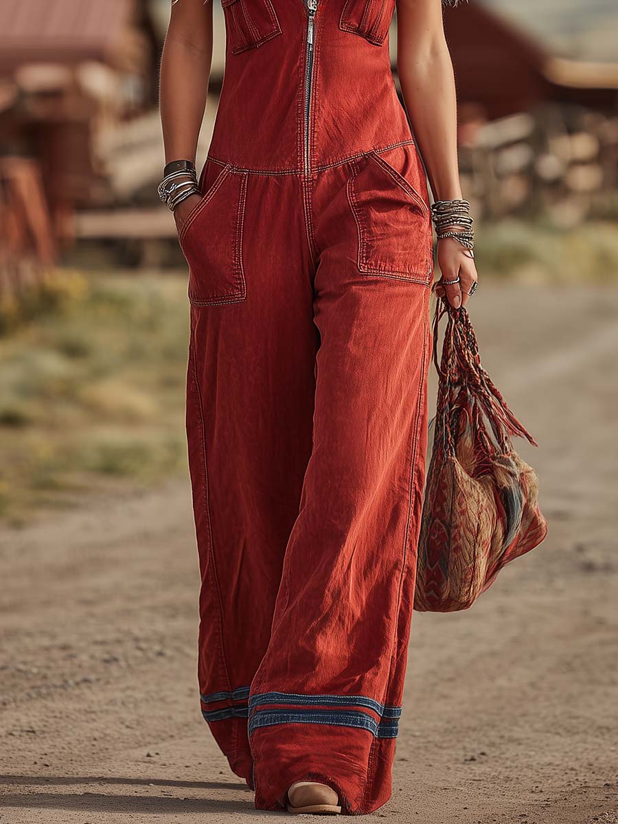 Vintage Western Style V-Neck With Front Zip Red Denim Jumpsuit