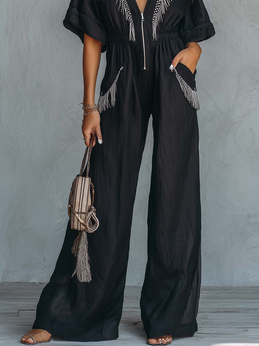 Urban Boho V-neck Front Zipper Black Cotton-linen Jumpsuit With Tassels
