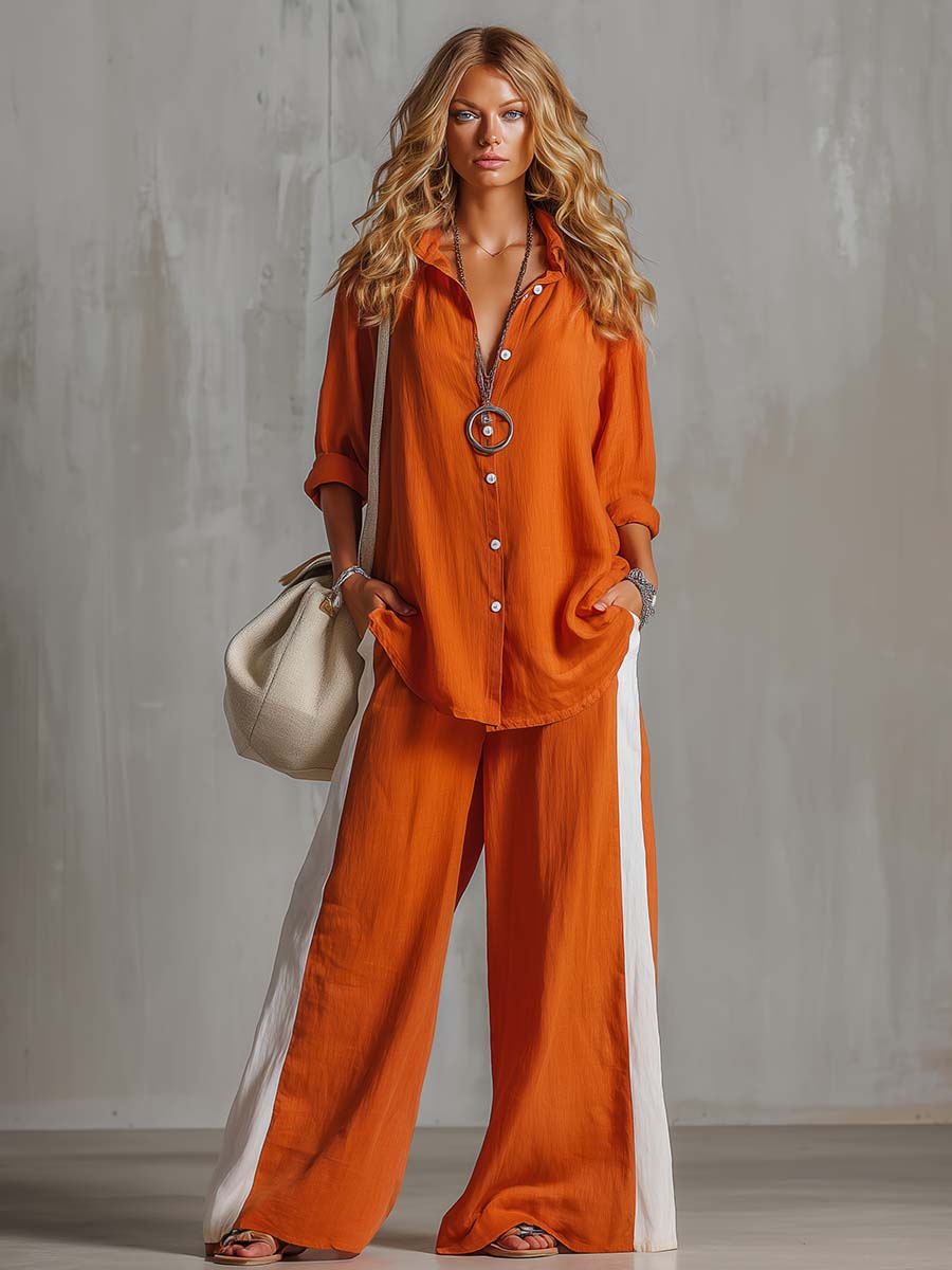 Urban Boho Orange Cotton-linen Wide-leg Pant Set