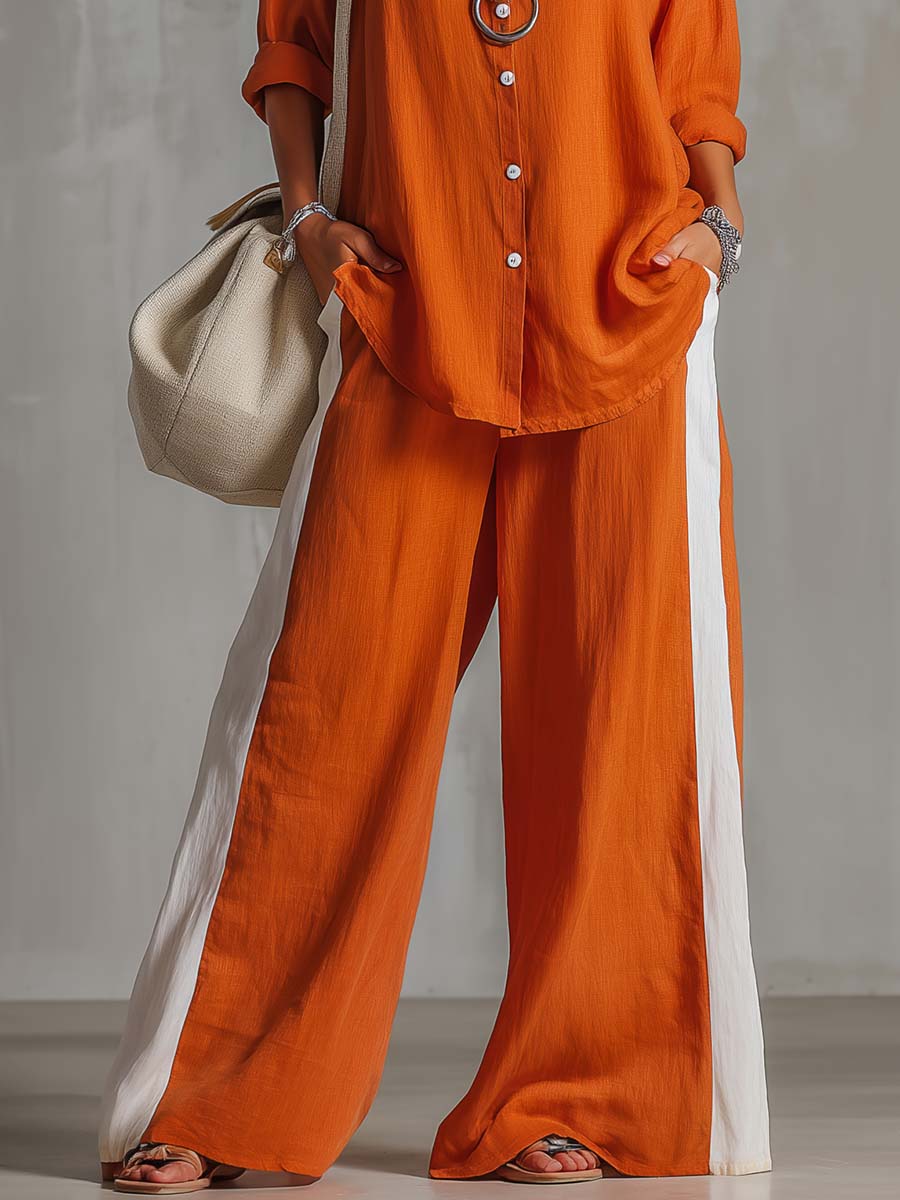 Urban Boho Orange Cotton-linen Wide-leg Pant Set