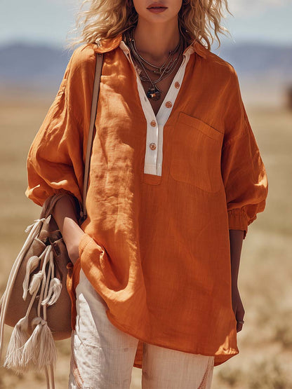 Urban Casual V-neck Front-button Orange Cotton-linen Blouse