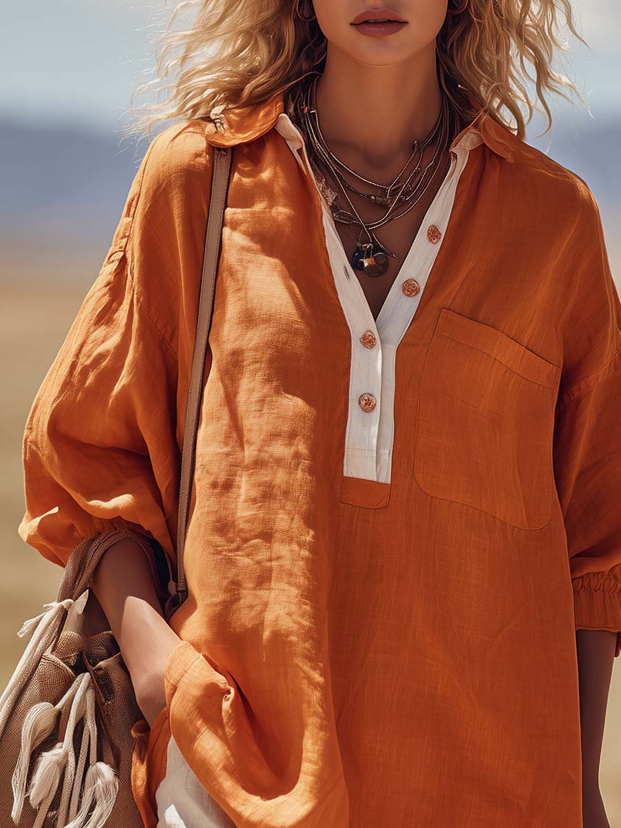 Urban Casual V-neck Front-button Orange Cotton-linen Blouse