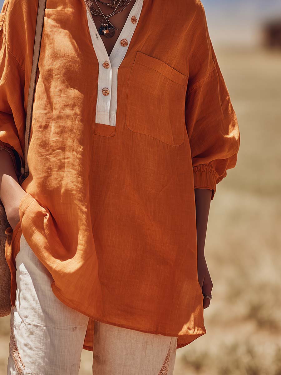 Urban Casual V-neck Front-button Orange Cotton-linen Blouse