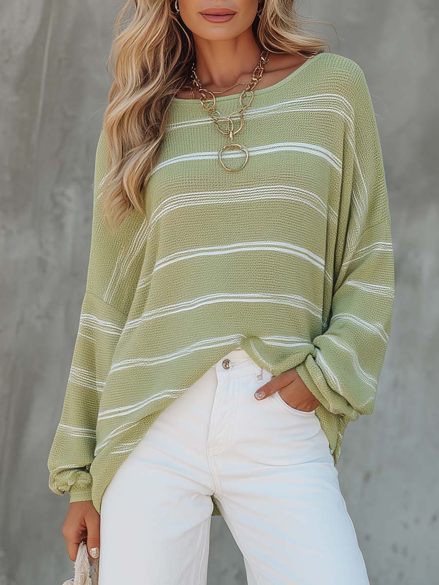 Fashion Lazy Sage Green Striped Textured Knit Sweater