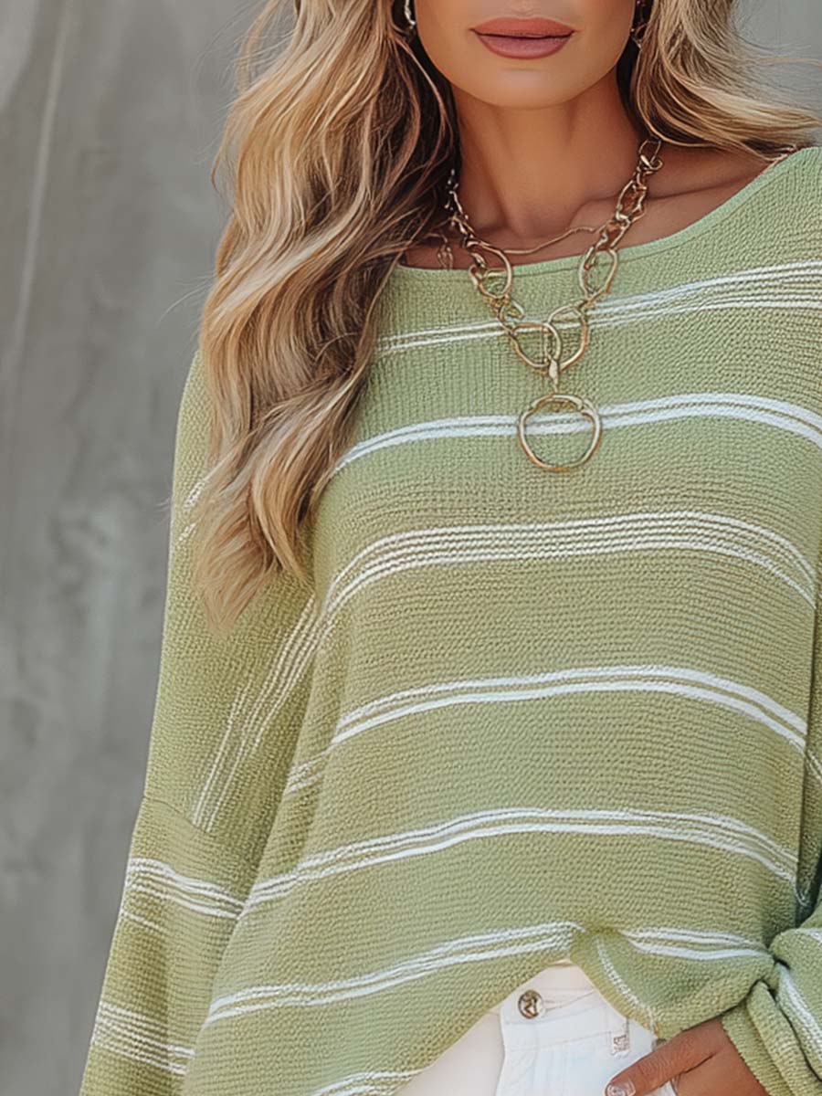 Fashion Lazy Sage Green Striped Textured Knit Sweater