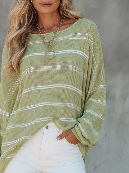 Fashion Lazy Sage Green Striped Textured Knit Sweater
