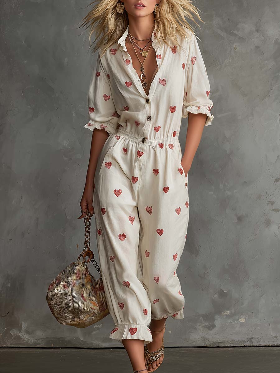 Retro Lazy V-neck Front Button Closure Heart Pattern Ivory Cotton-linen Jumpsuit