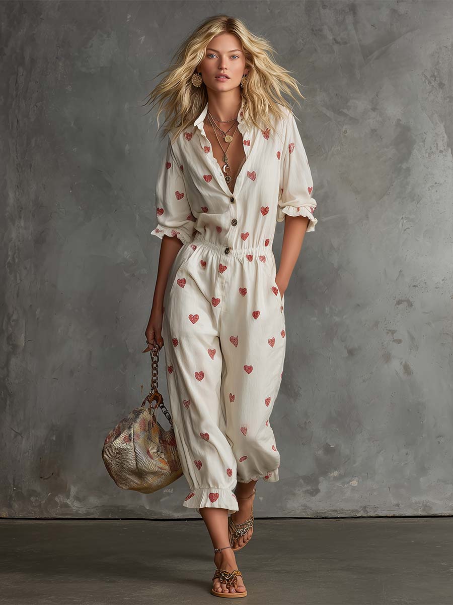 Retro Lazy V-neck Front Button Closure Heart Pattern Ivory Cotton-linen Jumpsuit