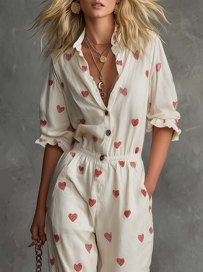Retro Lazy V-neck Front Button Closure Heart Pattern Ivory Cotton-linen Jumpsuit