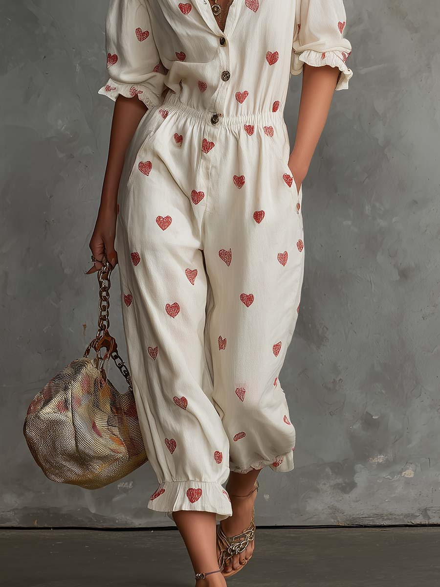 Retro Lazy V-neck Front Button Closure Heart Pattern Ivory Cotton-linen Jumpsuit