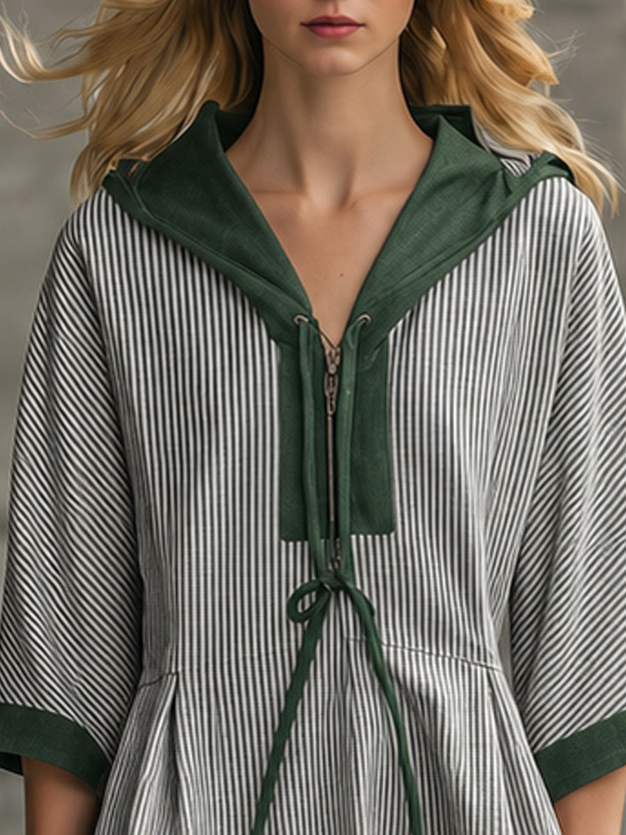 Casual Retro Black And White Striped Green Hooded Cotton Midi Dress