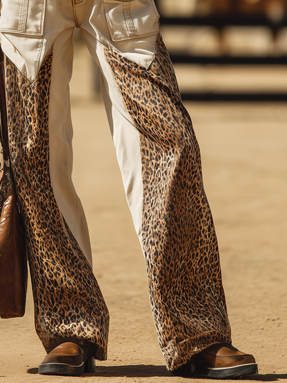 Retro-casual Western-style Cotton-linen Patchwork Printed Trousers