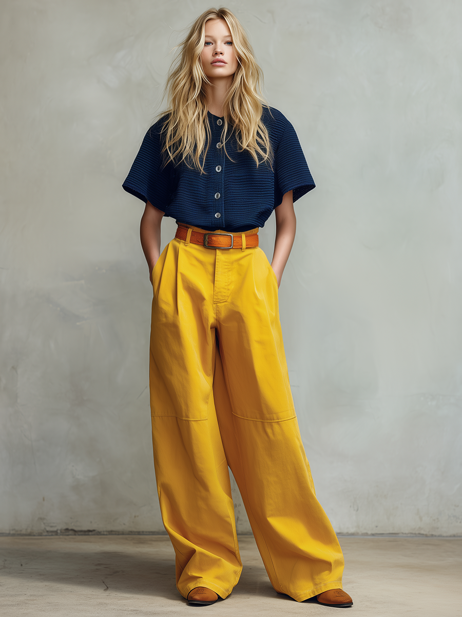 Retro-casual Western-style Blue Knit Top And Yellow Cotton-linen Trousers