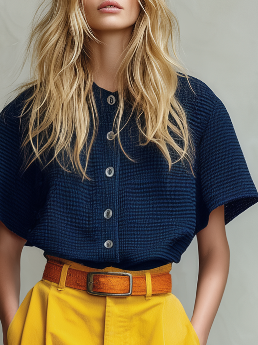 Retro-casual Western-style Blue Knit Top And Yellow Cotton-linen Trousers