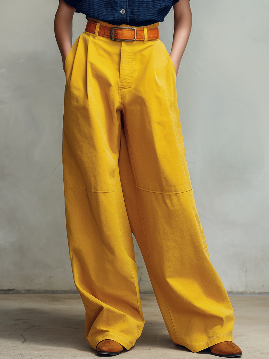Retro-casual Western-style Blue Knit Top And Yellow Cotton-linen Trousers