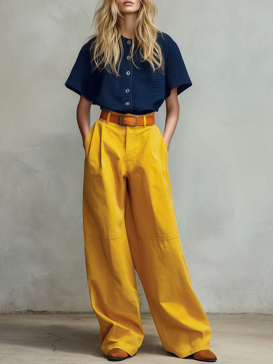 Retro-casual Western-style Blue Knit Top And Yellow Cotton-linen Trousers