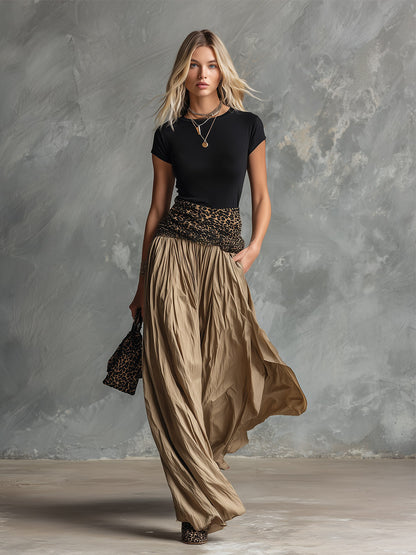 Vintage-style Elegant Leopard-print And Black Patchwork Khaki Maxi Dress