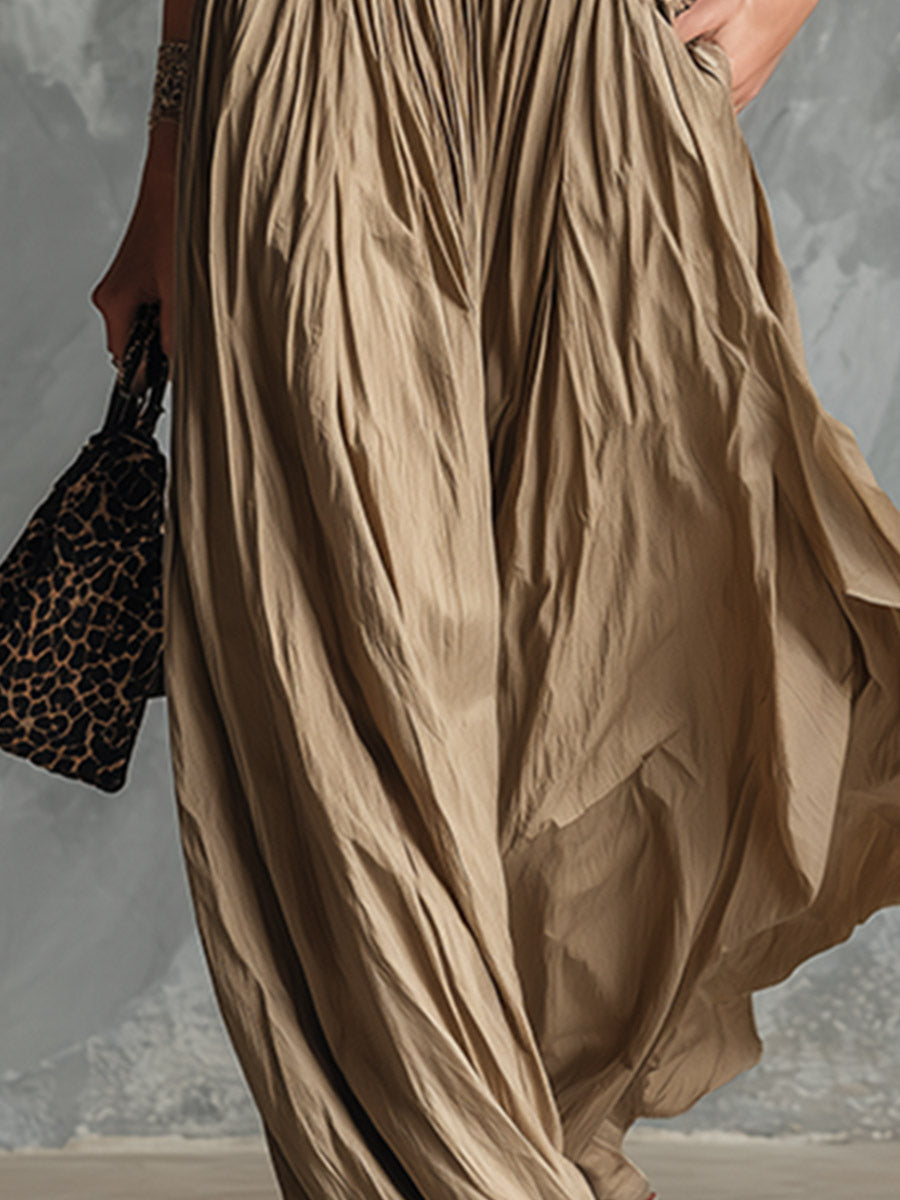 Vintage-style Elegant Leopard-print And Black Patchwork Khaki Maxi Dress