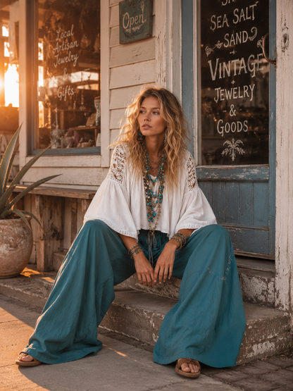 Vintage-style Boho White Shirt And Teal Utility Trousers Cotton-linen Set